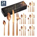 Ménagère 24 pièces en acier inoxydable or rose avec manches à rayures élégantes - Ensemble de 24 pièces / Or rose