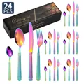 Ménagère 24 pièces en acier inoxydable arc-en-ciel avec manches striés et coffret - Ensemble de 24 pièces / Coloré