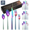 Set posate 20 pezzi in acciaio inox arcobaleno con manici antiscivolo a spirale e scatola - Coltello Forchetta Cucchiaio Cucchiaino Forchettina / Colorato