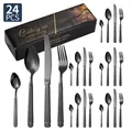Ménagère 24 pièces en acier inoxydable noir mat avec boîte de rangement élégante - Ensemble de 24 pièces / Noir