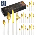 Ménagère 24 pièces en acier inoxydable or et blanc perle avec boîte cadeau élégante - Ensemble de 24 pièces / Platine