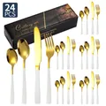 Set posate da 24 pezzi in acciaio inox con finitura oro e manici bianchi opachi - Set Coltello Forchetta Cucchiaio / Platino