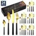 Ménagère 24 pièces en acier inoxydable avec têtes dorées et manches noirs texturés - Ensemble de 24 pièces / Or Noir