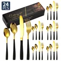 Set posate 24 pezzi lusso in acciaio inox dorato con manici neri opachi in scatola - Set Coltello Forchetta Cucchiaio / Oro Nero