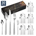 Ménagère de 30 pièces en acier inoxydable argenté avec manches striés et coffret - Ensemble de 30 Pièces / Argent