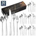 Set di posate da 30 pezzi in acciaio inossidabile lucido con elegante scatola nera - Set Coltello Forchetta Cucchiaio / Argento