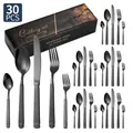 Ménagère de 30 pièces en acier inoxydable noir mat avec manches striés et coffret - Ensemble de 30 Pièces / Noir