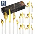 Ménagère 30 pièces en acier inoxydable blanc et or avec manches rainurés et boîte cadeau - Ensemble de 30 Pièces / Platine