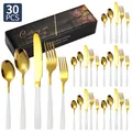 Set posate 30 pezzi in acciaio inox oro e bianco con manico quadrato e confezione regalo - Set Coltello Forchetta Cucchiaio / Platino