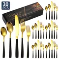 Set posate 30 pezzi in acciaio inox nero e oro con manici squadrati e confezione regalo - Set Coltello Forchetta Cucchiaio / Oro Nero