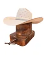 Dettaglio di un cappello da cowboy in paglia crema con fori traspiranti e nastro grigio - Bianco Sporco