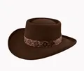 Dettaglio cappello in feltro di lana marrone scuro con nastro decorativo etnico - 58cm / caffè