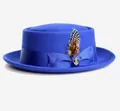 Close-up of royal blue wool boater hat with silk ribbon, pheasant feather and gold metal logo - 57cm / Blue (Without Badge)