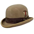 Classic camel wool felt bowler hat with dark brown ribbon and decorative side feather - 60CM / Khaki