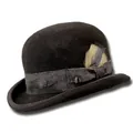 Classic black wool felt bowler hat with grey ribbon and decorative side feather - 60CM / Black