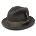 Dark grey wool felt fedora with olive green ribbon band and spotted feather detail - L(58-60cm) / Charcoal Grey