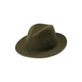 Classic olive green wool felt fedora hat featuring a black ribbon band on a white background - L / Army Green