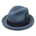 Detail of wool fedora hat featuring grosgrain ribbon and decorative side feather - L(58-60cm) / Blue