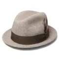 Detailed close-up of wool fedora hat featuring brown grosgrain ribbon and feather accent - L(58-60cm) / Mixed Beige