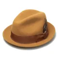 Detail of wool fedora hat featuring a brown grosgrain ribbon and natural feather accent - L(58-60cm) / Earthy Yellow