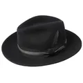 Classic black wool fedora hat with striped ribbon and feather accessory in 45-degree view - 60CM / Black