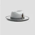 Classic light grey wool felt fedora hat with dark grey ribbon and feather accent - Beige With Gray Binding