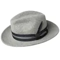 Classic gray wool fedora hat with black ribbon and feather detail on white background - 60CM / Gray