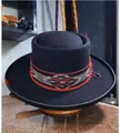 Detail of flat top wool felt hat featuring tribal woven band and delicate red stitching - L (58-60cm) / Black