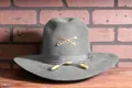 Classic dark grey wool fedora hat featuring a vintage gold crossed sabers emblem on front - L / Gray