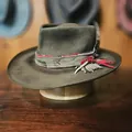 Vintage olive wide brim wool felt hat with decorative ribbon and feather details - Olive Green