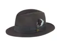 Detail of dark grey wool felt fedora with grosgrain ribbon and feather accent - L (58-60cm) / Charcoal Grey