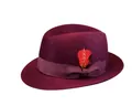 Detail of dark wine red wool fedora with grosgrain ribbon and decorative red feather - L (58-60cm) / Burgundy