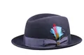 Detail of wool fedora hat with elegant ribbon, colorful feathers and golden crest buckle - L (58-60cm) / Navy Blue