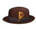 Detail of dark brown wool fedora with grosgrain ribbon, bow, and decorative feather - L (58-60cm) / Brown
