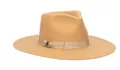Detailed close-up of a camel wool fedora hat featuring a satin ribbon and metal logo buckle - L (58-60cm) / Earthy Yellow