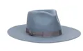Detail of grey-blue wool fedora showing smooth felt texture and ribbon with metal badge - L (58-60cm) / Sky Blue