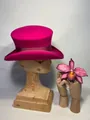 Fuchsia wool felt fedora hat with matching ribbon decor on a wooden model head - Rose Red