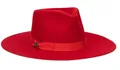 Detail of red wool felt fedora featuring a matching satin ribbon and metal badge emblem - L (58-60cm) / Red