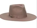 Detail view of pink wool felt fedora hat featuring a matching satin ribbon and metal logo accent - L (58-60cm) / Earth Grey