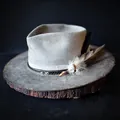 Vintage gray wool felt fedora with feathers and metal chain on a wooden base - L(58-60cm) / Smoky Gray (Distressed)
