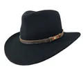 Detail of western wool hat featuring a brown leather band and gold metal logo plaque - L / Black