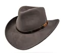 Detailed view of dark grey wool cowboy hat featuring a brown leather decorative band - L / Charcoal Grey