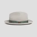 Classic light grey wool fedora hat with olive green grosgrain ribbon and metal badge - L / Beige