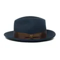Classic dark blue wool felt fedora with brown grosgrain ribbon and crown metal badge - L / Dark Blue