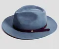 Detailed close-up of grey-blue wool fedora with purple faux leather belt and gold buckle - L(58-60cm) / Sky Blue