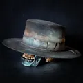 Distressed vintage grey wool felt fedora hat with decorative ribbon on a skull stand - Bohannon Style (Bohannon)
