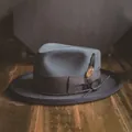 Dark grey wide brim wool fedora hat with brown ribbon and colorful feather decoration - L(58-60cm) / Gray