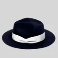 Classic black wool fedora hat with a wide white grosgrain ribbon and bow accent - White Strap Style / Black
