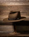 Brown wool fedora hat with a dark decorative ribbon and silver skull metal accent - Brown