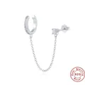 S925 sterling silver U-shaped ear cuff with chain link and cubic zirconia studs - White Gold